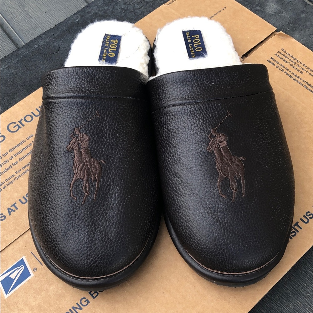 Polo by Ralph Lauren Dark Brown Leather  Big Pony Slip-On Slippers used 11/12